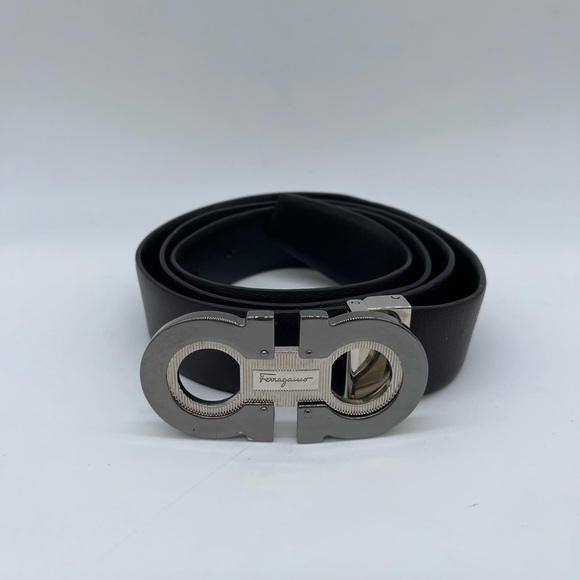 Salvatore Ferragamo Black/Brown Interchangeable Leather Belt Silver Buckle 34